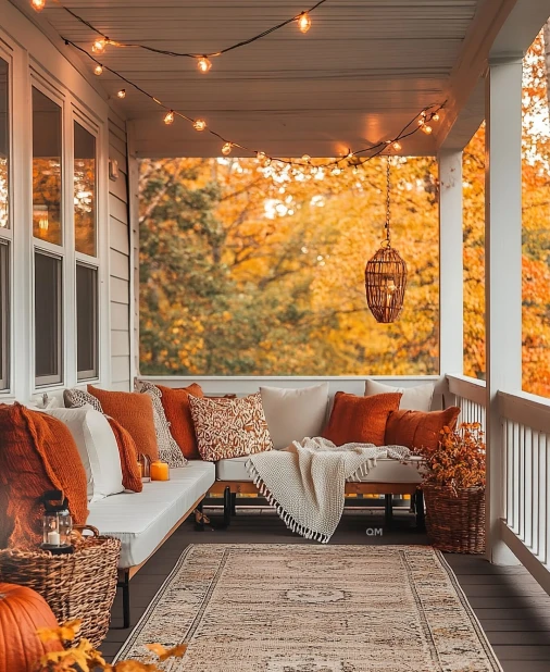 Rust Cushions and String Lights on the Porch