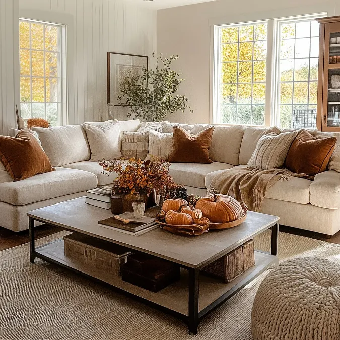 Cream Sectional with Pumpkin Coffee Table Styling