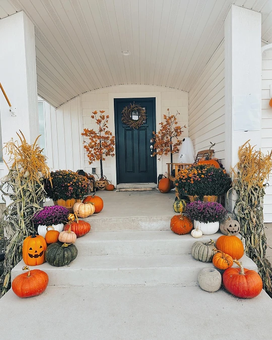 Pumpkin Lined Steps with Autumn Mums
