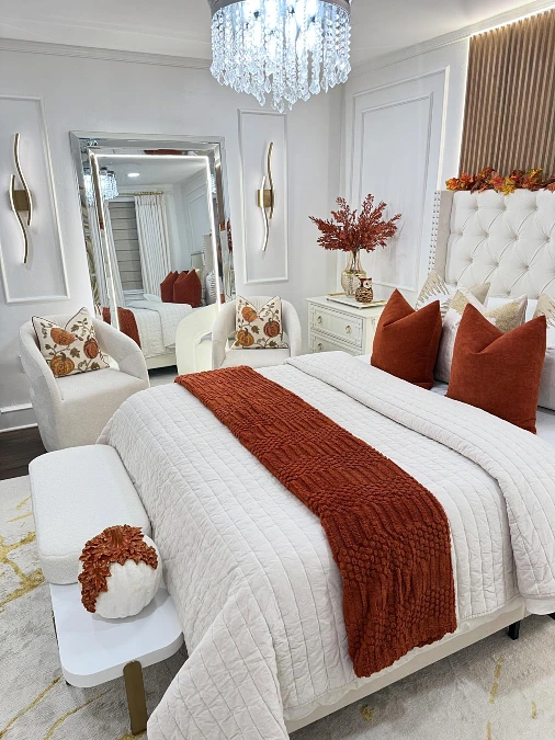 Rust Textiles in a Bright Fall Bedroom