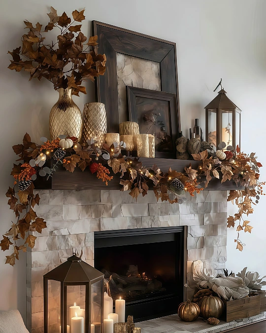 Layered Autumn Garland on a Dark Mantel