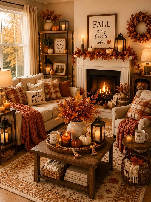 Layered Plaid Textiles and Fireplace Glow