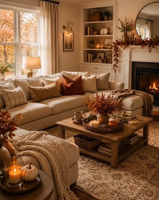 Cream Sectional with Rust and Candlelight