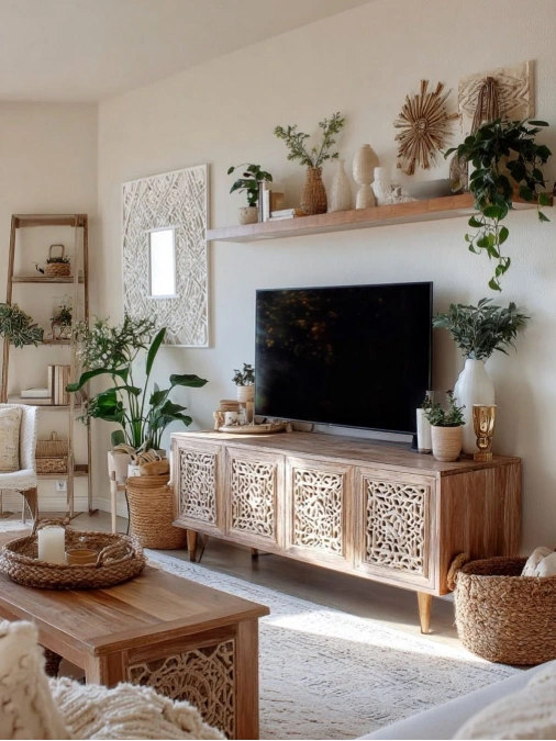 Carved Wood + Woven Baskets + Greenery