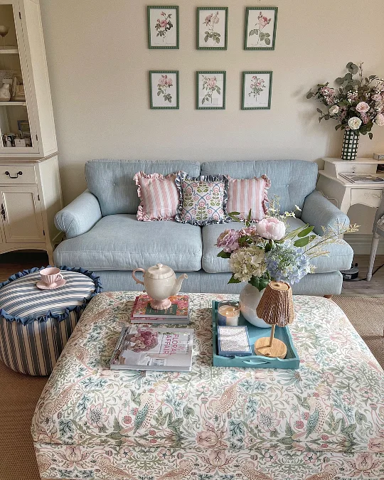 Powder Blue Sofa with Cottage Florals