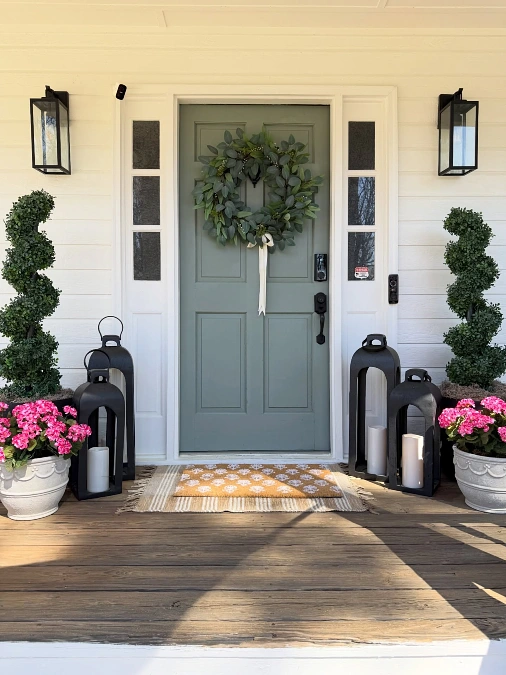 Sage Green Door with Pink Spring Blooms