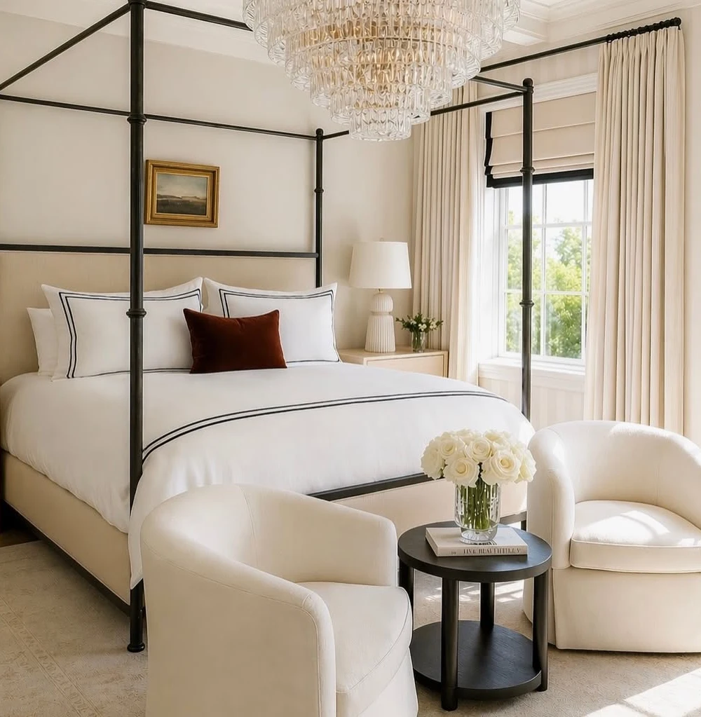 Black Canopy Bed + Cream Seating