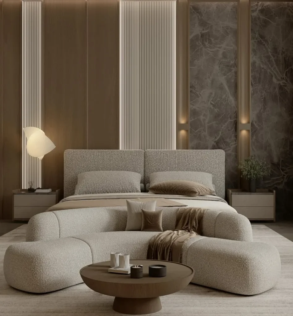 Bouclé Seating and Marble Panels