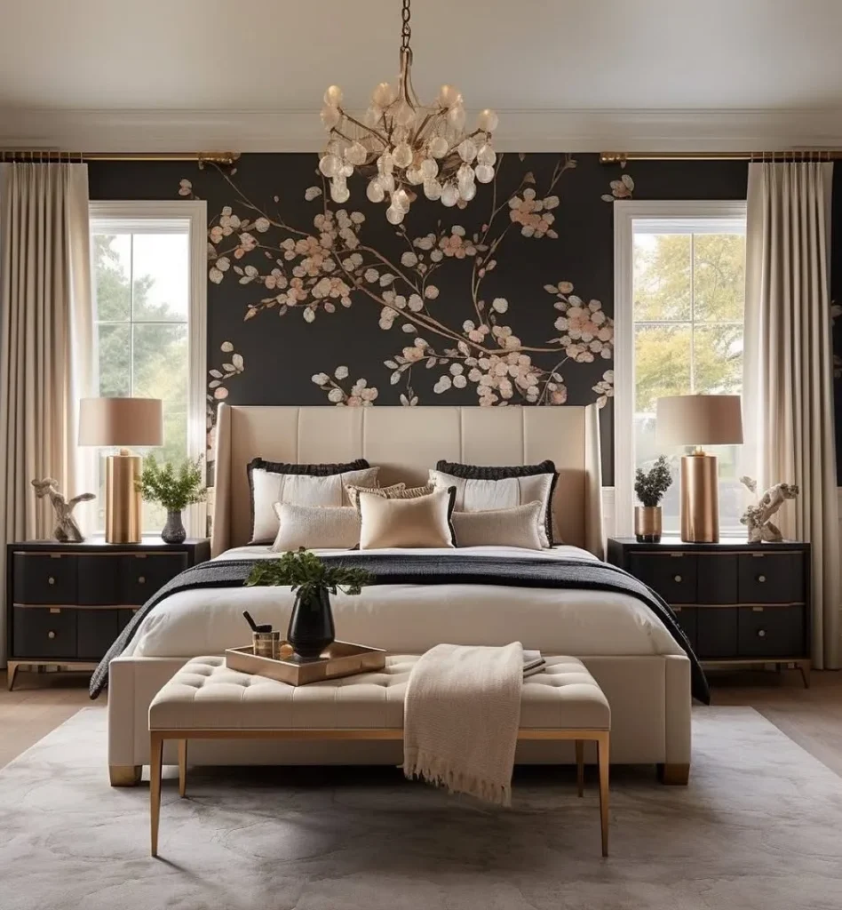 Cherry Blossom Mural + Brass Accents