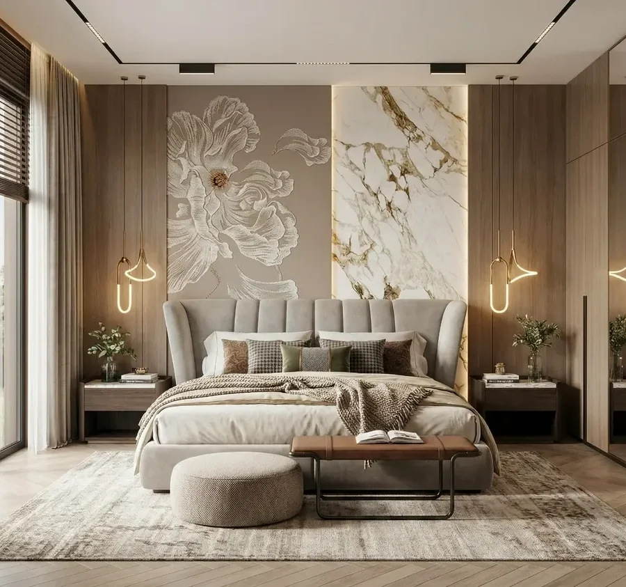 Floral Mural and Backlit Marble