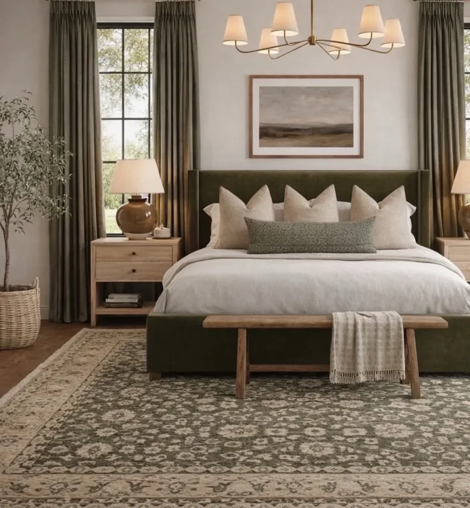 Olive Velvet and Vintage Rug Layers