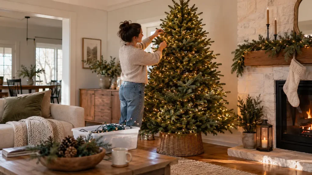Woman adjusting warm Christmas tree lights on a tall tree in a cozy living room.