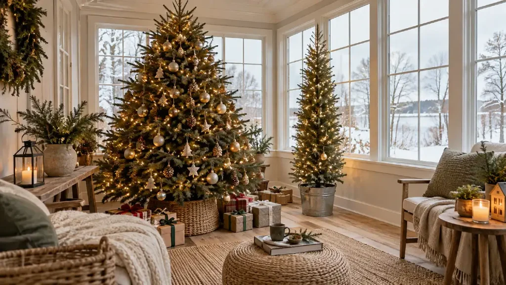 Full Christmas tree and slim pencil tree decorated with warm lights beside snowy windows.