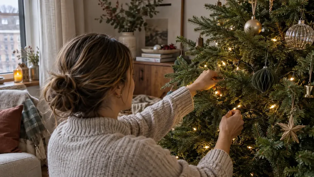 Woman weaving warm string lights deep between Christmas tree branches for layered illumination.