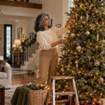 Woman arranging warm lights on a tall Christmas tree in a cozy holiday living room.