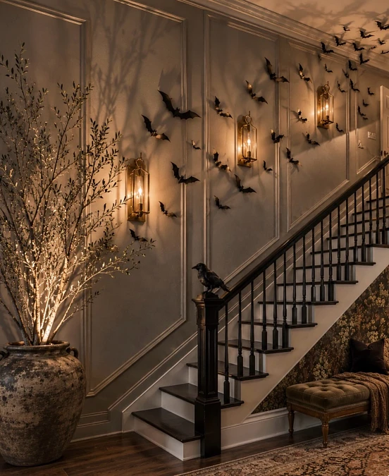 Candlelit Stairway with Black Bats