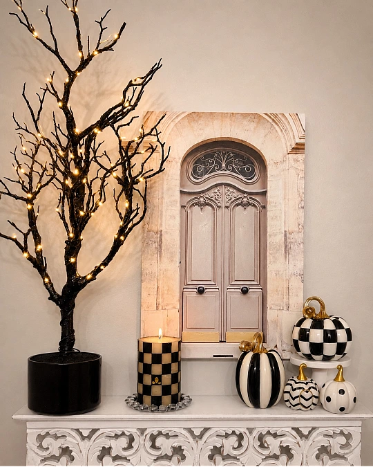 Checkered Pumpkins + Lit Black Branches