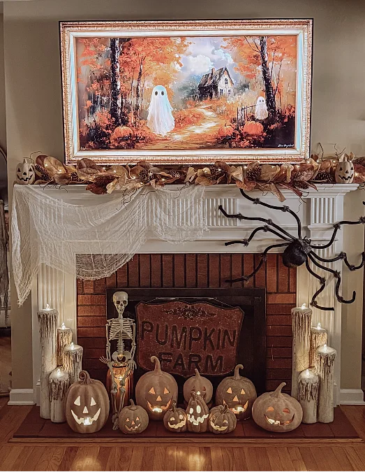 Vintage Pumpkin Fireplace Display