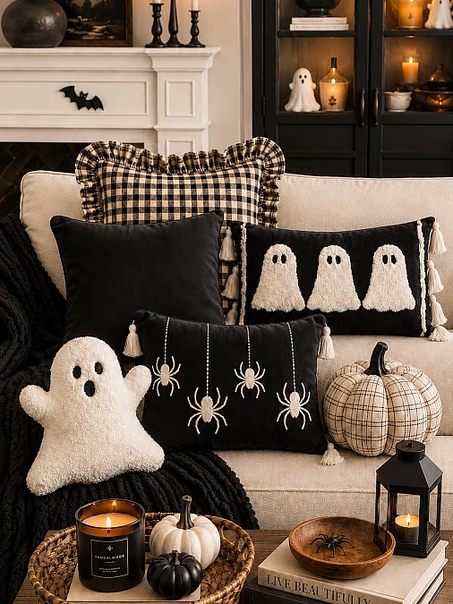 Black-and-Cream Halloween Living Room
