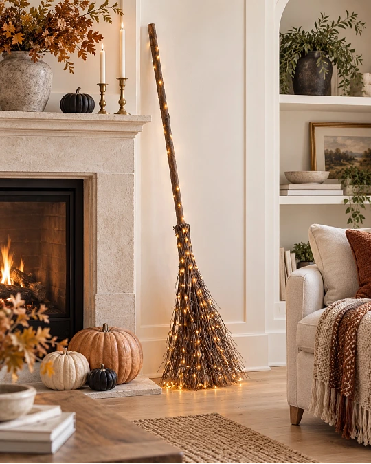 Lit Broom Beside the Fireplace