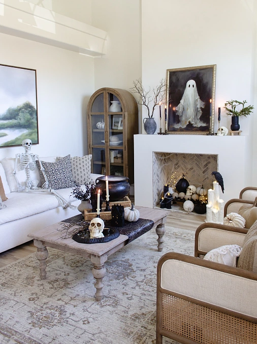Neutral Living Room with Ghost Portrait