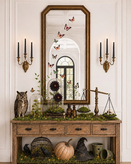 Curio Console with Botanical Halloween Details