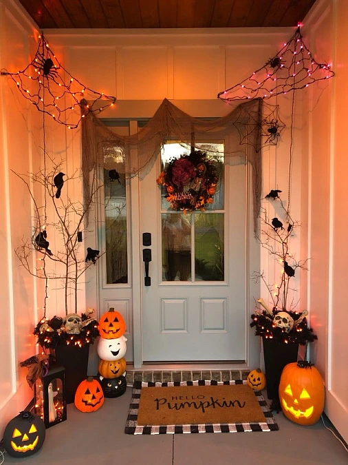 A Glowing Spiderweb Halloween Porch