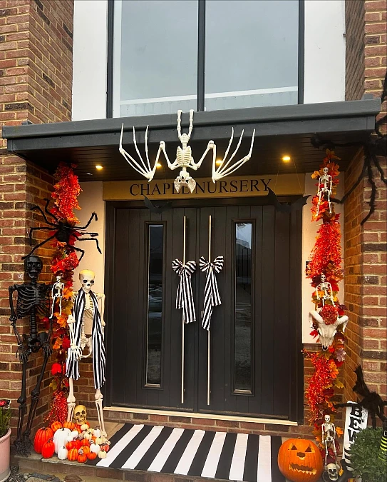 Skeleton Garland and Striped Halloween Entry