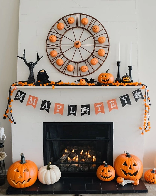 Pumpkin Clock and Playful Mantel