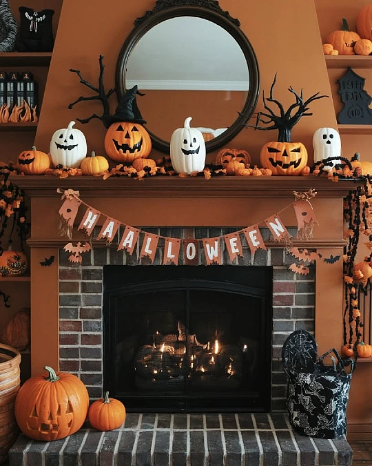 Rustic Orange and Black Halloween Mantel