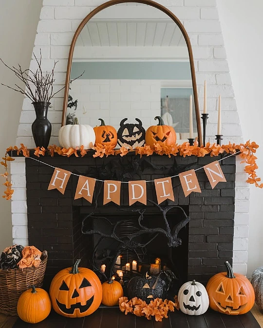 Black Brick Mantel with Pumpkin Layers