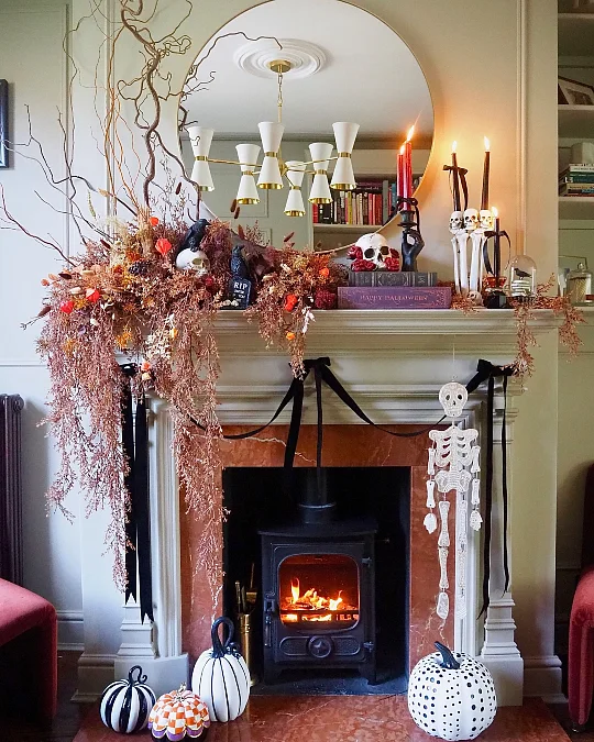 Dried Florals and Candlelit Skeleton Mantel