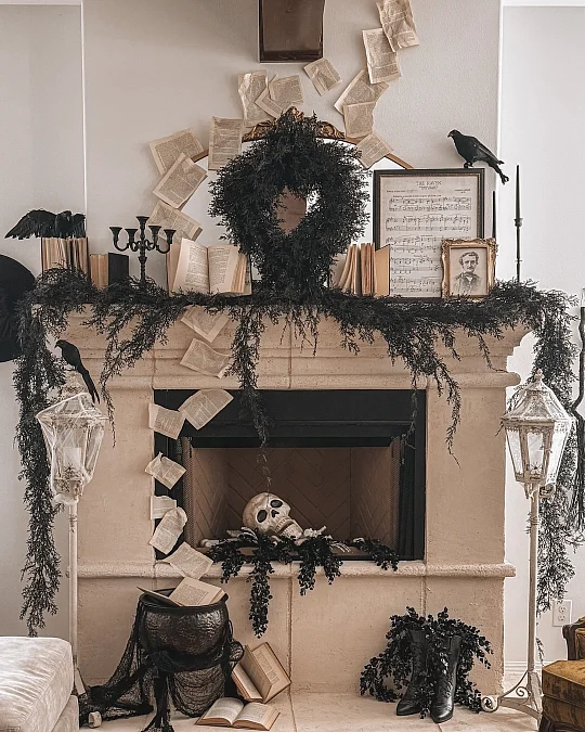 Raven-Inspired Mantel with Flying Book Pages
