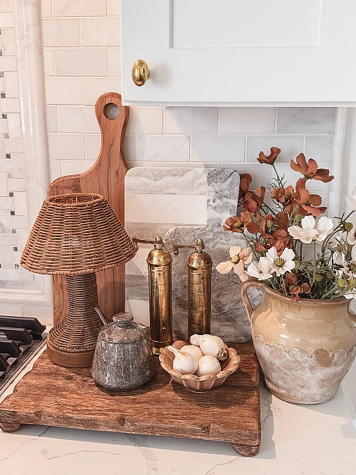 Woven Lamp + Stoneware Florals + Warm Wood