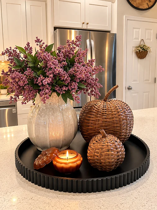 Woven Pumpkins on a Black Tray