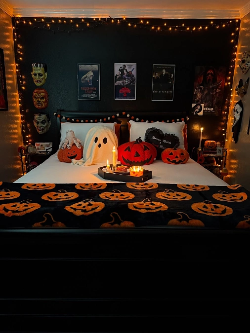 Black Bedroom with Pumpkin Textiles
