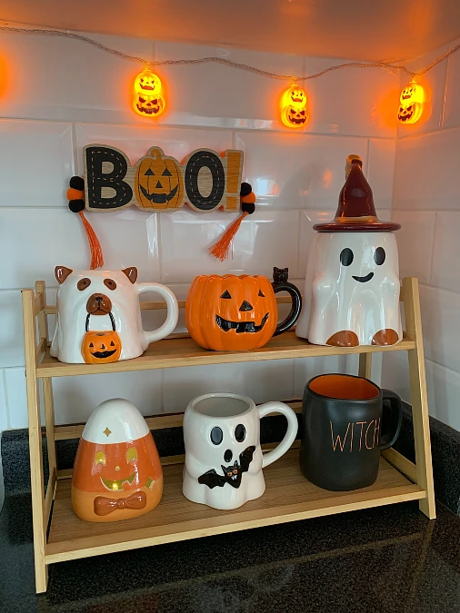 Halloween Mug Shelf with Pumpkin Lights