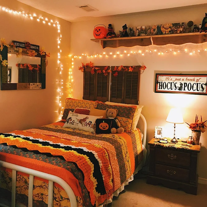 Warm Halloween Bedroom with Layered Textiles