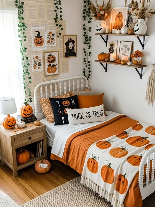 Pumpkin Bedding + Floating Shelves + Ivy