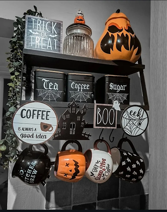 Halloween Coffee Station with Hanging Mugs