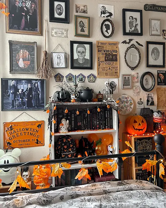 Spooky Gallery Wall + Bookcase + Leaf Garland