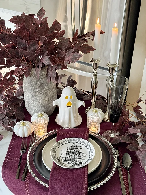 Burgundy Leaves and Haunted House China