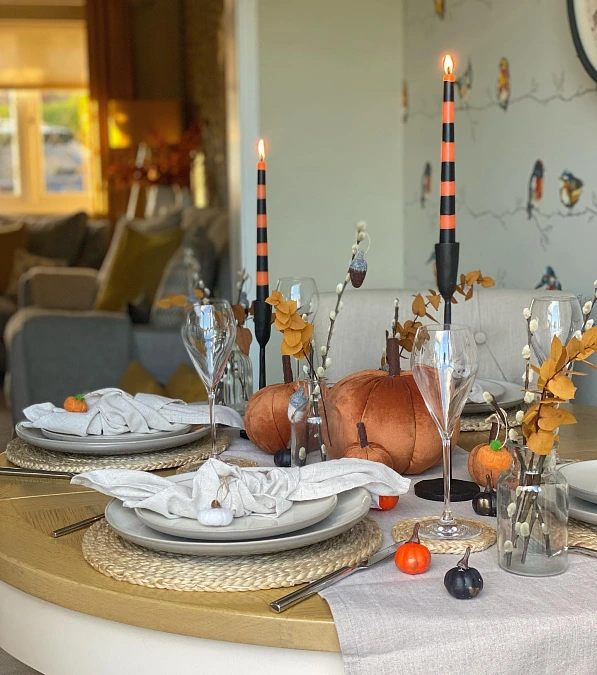 Velvet Pumpkins + Striped Taper Candles