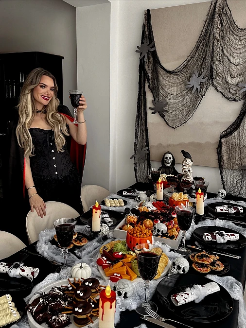 Black Dinnerware and Spooky Party Food