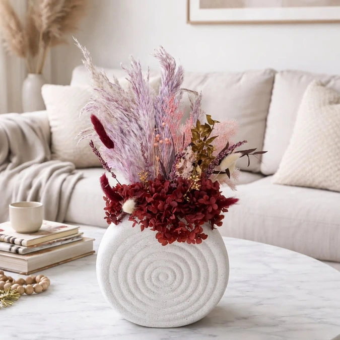 Plum Grasses + White Textured Vase