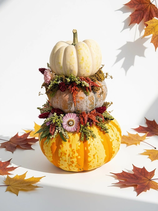 Stacked Pumpkins with Dried Floral Rings