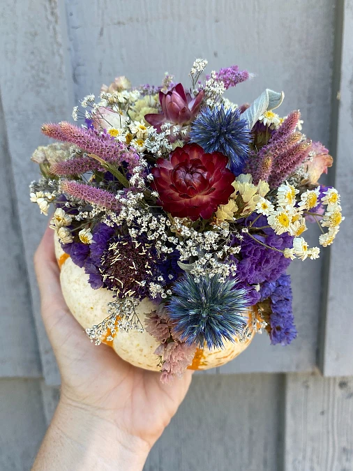 Jewel-Tone Florals in a Pumpkin Vessel
