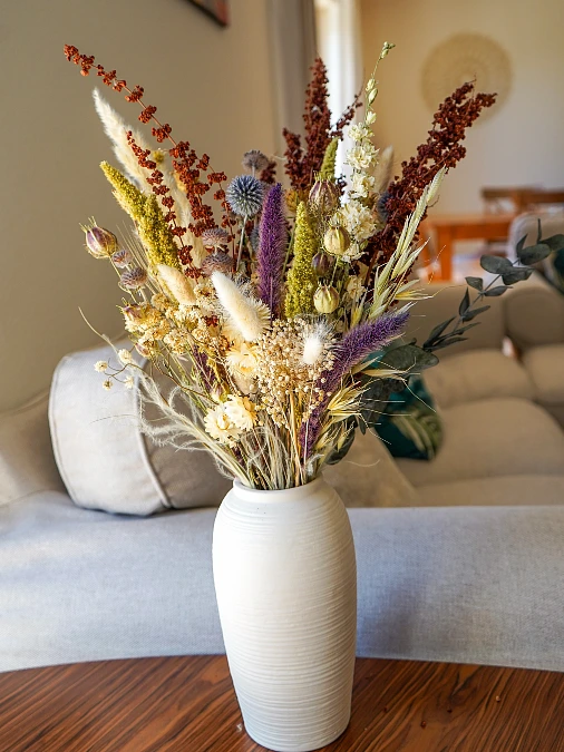 Seed Pods + Purple Grasses + Cream Vase