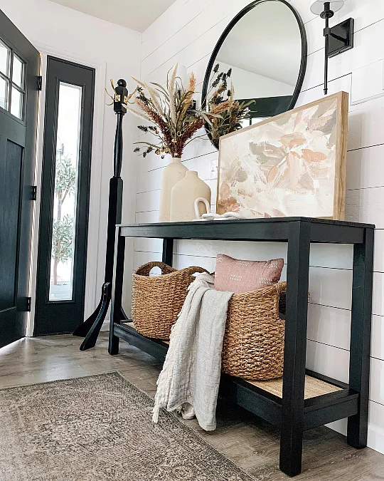 Black Console + Woven Baskets + Dried Stems