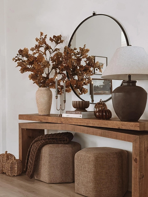 Wood Console + Brown Florals + Upholstered Stools